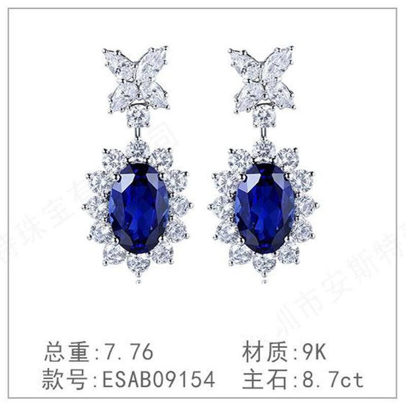s925银钻石耳坠耳饰奢高级新款培育红宝简洁蓝宝镀钻钻耳环耳吊