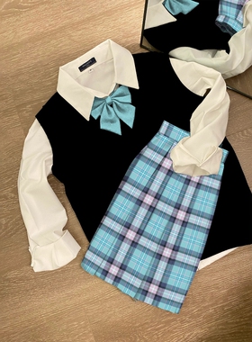 川町香【桅蓝初语】蓝粉白色原创jk学生格裙百褶裙学院短裙半身裙