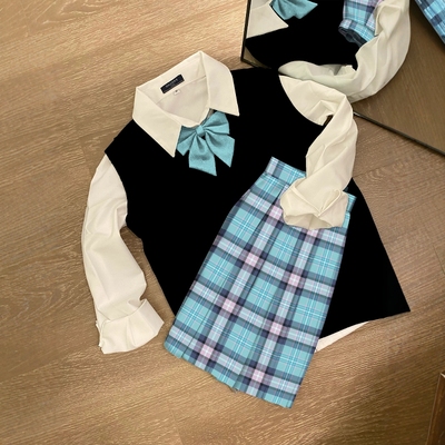 川町香【桅蓝初语】蓝粉白色原创jk学生格裙百褶裙学院短裙半身裙