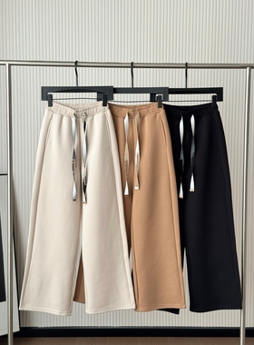 M家时尚春季新款通勤百搭休闲裤阔腿裤女松紧腰字母抽绳垂感显瘦