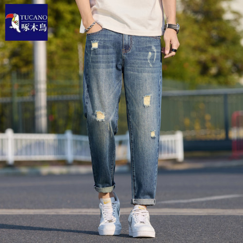 啄木鸟破洞九分牛仔男裤夏季薄款
