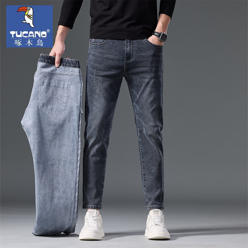啄木鸟男生牛仔裤青年时尚百搭潮流男裤秋冬加绒加厚小脚修身裤子