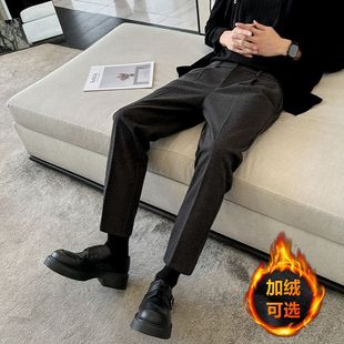 啄木鸟九分毛呢休闲裤男秋冬新款时尚百搭潮流裤子加绒加厚直筒裤