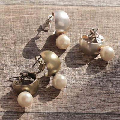 日本制OSEWAYA耳饰LIMITED NUMBER美式复古C弧形仿珍珠耳钉有耳洞