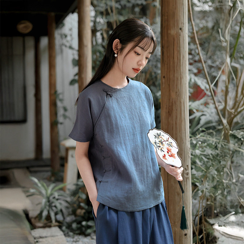 新中式女装山东青岛砂洗亚麻圆领短袖t恤女斜开襟中国风复古上衣