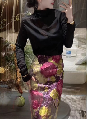 25937新大爱美依缘2025新款高级感半高领长袖上衣花朵半身裙女装