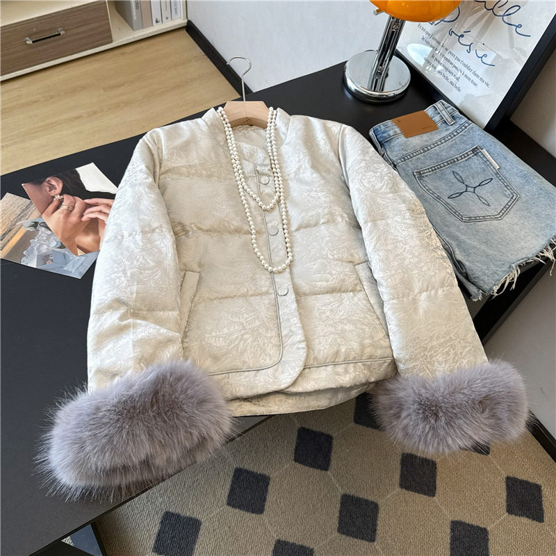 新中式提花保暖羽绒服外套毛毛袖口长袖立领单排扣国风棉服上衣冬