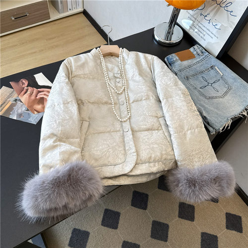 新中式提花保暖羽绒服外套毛毛袖口长袖立领单排扣国风棉服上衣冬