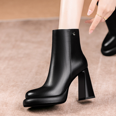 不累脚高跟短靴女真皮粗跟马丁靴