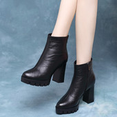 真皮短靴女高跟不累脚2025秋冬新款 马丁靴粗跟防水台厚底加绒女靴