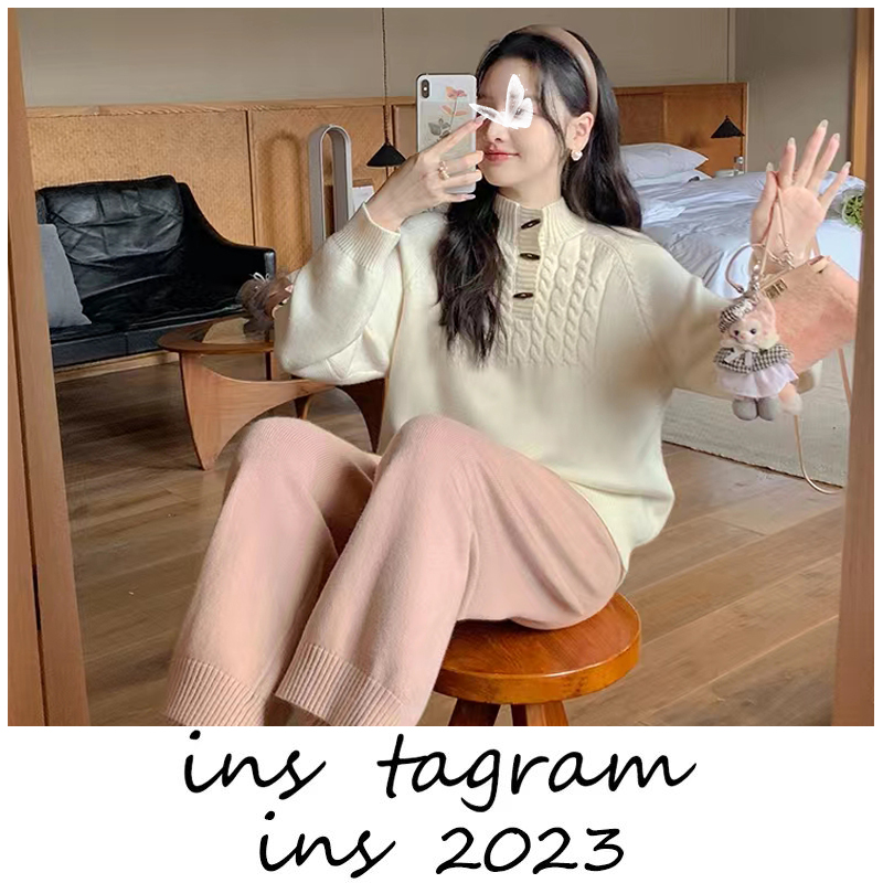 牛角扣针织套装 小个子休闲两件套慵懒风显高针织套装