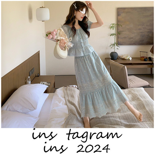 夏日森会 气质泡泡袖小衫+绣花半裙女夏法式田园套装