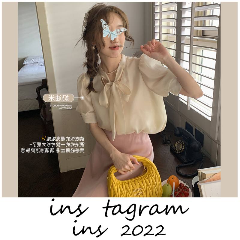 【请吃饭的漂亮姐姐】法式立领系带衬衫女夏季短袖上衣