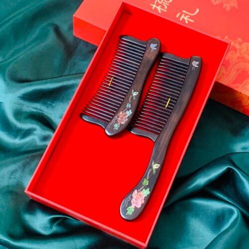 御用木紫光檀木梳镶嵌牡丹花握把插齿梳家用送礼礼盒装教师母亲节