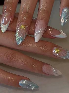 24pcs Summer Fake Nails Press on Almond Wearable 3D Butterfl