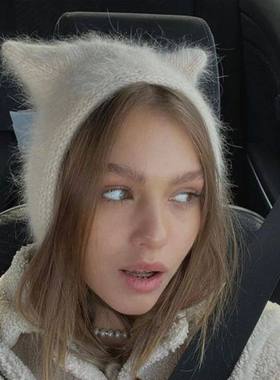 Solid Color Fluffy Cat Ear Knitted Hat Knitted Hat Autumn An