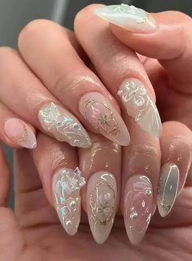 24Pcs Pink Almond False Nails Butterfly Ballet with French D