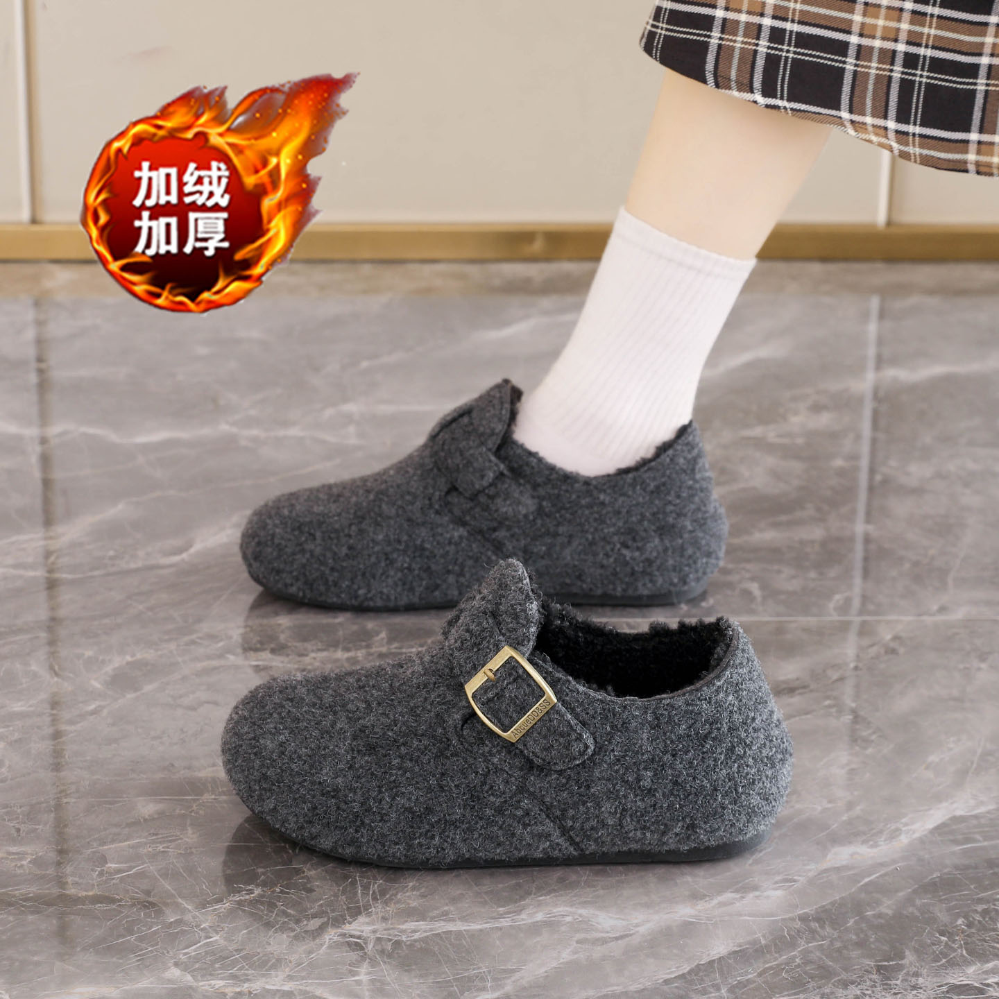 赵露思同款厚底增高灰色加绒呢子勃肯鞋女冬季新款豆豆鞋勃肯棉鞋