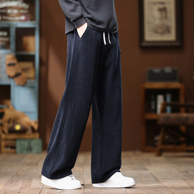 2025冬季新款男士博澳绒抽绳阔腿休闲裤保暖暖和宽松百搭直筒裤子