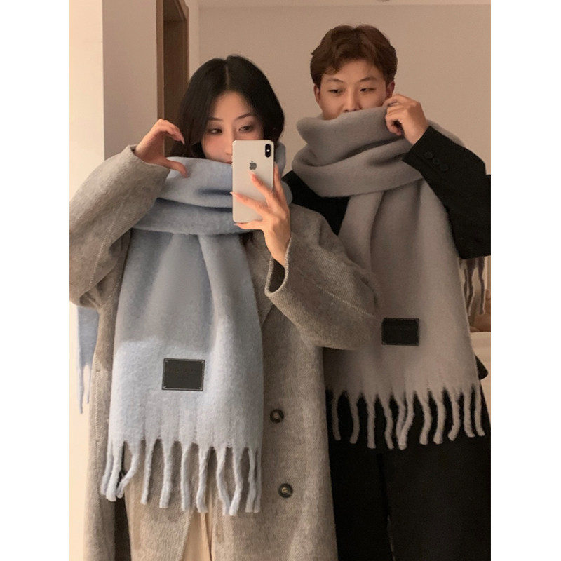 纯色羊毛混纺围巾冬季男女情侣高级感韩版简约百搭加厚保暖围脖潮