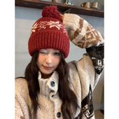 复古雪花针织毛线帽子女百搭显脸小秋冬季 保暖加厚防寒护耳冷帽潮
