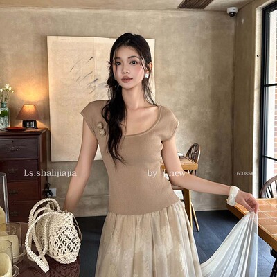LS 优雅减龄U领短袖针织小衫女广州十三行2026夏季新款上衣60085#