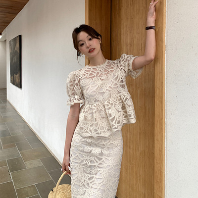 诠释美 NEWOPEN 十三行夏法式名媛轻奢镂空泡泡袖蕾丝上衣女