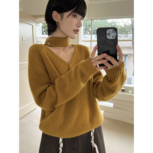 MMC DITION毛衣女秋冬新款设计感挂脖v领宽松套头针织衫100羊毛衫