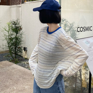 女秋25秋冬慵懒宽松圆领薄款 SW棉混纺海魂条纹针织衫 上衣
