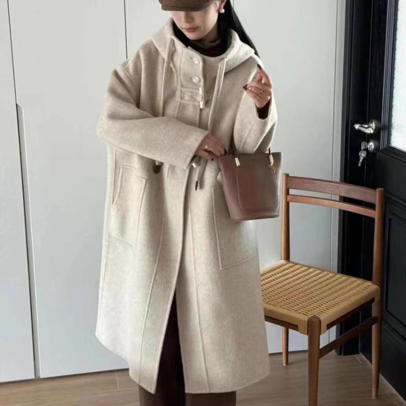 2024秋冬新款韩系感双面羊绒大衣女牛角扣连帽加厚羊毛呢外套