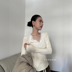 女 打底针织衫 TTOO VOUIS2026早春2418甜美蕾丝v领内搭t恤显瘦修身