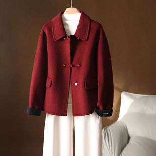 2025秋冬新款圣诞红小翻领双面羊绒大衣女短款毛呢外套女小个子