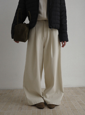 EVERTRUE 2025冬季新款阔腿裤女韩版加绒宽松磨毛高腰长裤93720