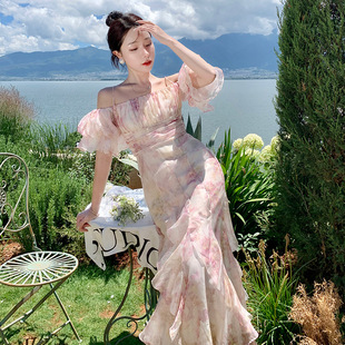夏季 甜美清新雪纺碎花吊带连衣裙 新款 小众设计长裙一字肩泡泡袖