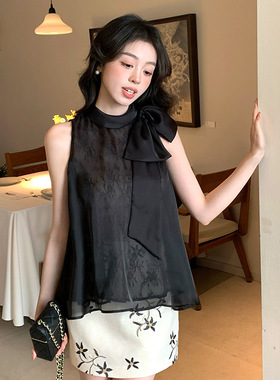 秀熙熙2025夏季新款韩版百搭气质系带雪纺无袖衬衫女上衣女89338