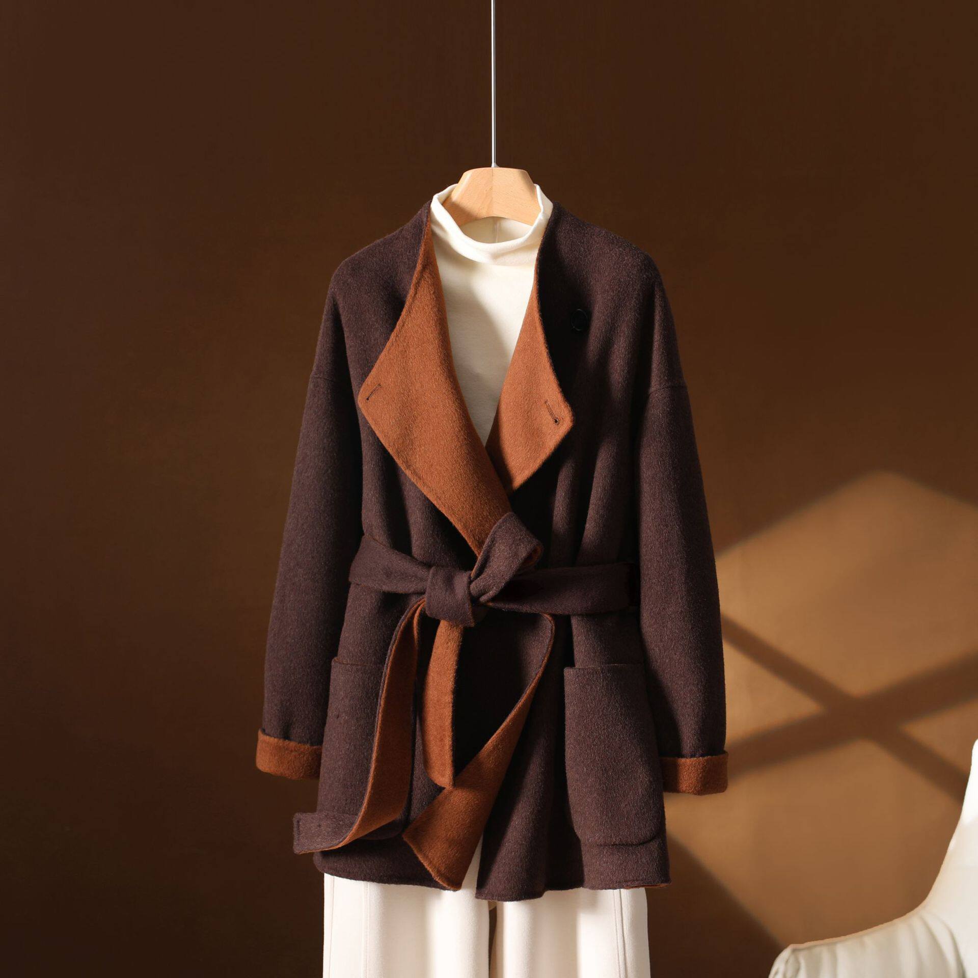 琥珀流光秋冬双面羊绒大衣中长款韩版高档浴袍毛呢外套宽松女严选