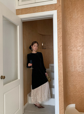 诠释美 newopen 2024秋季法式名媛轻奢拼接丝绒连衣裙女f1993