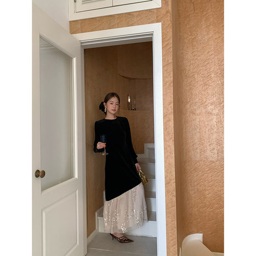 诠释美 newopen 2024秋季法式名媛轻奢拼接丝绒连衣裙女f1993