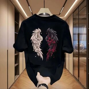 美式新款印花夏季暗黑翅膀短袖男生宽松休闲百搭潮流上衣ins