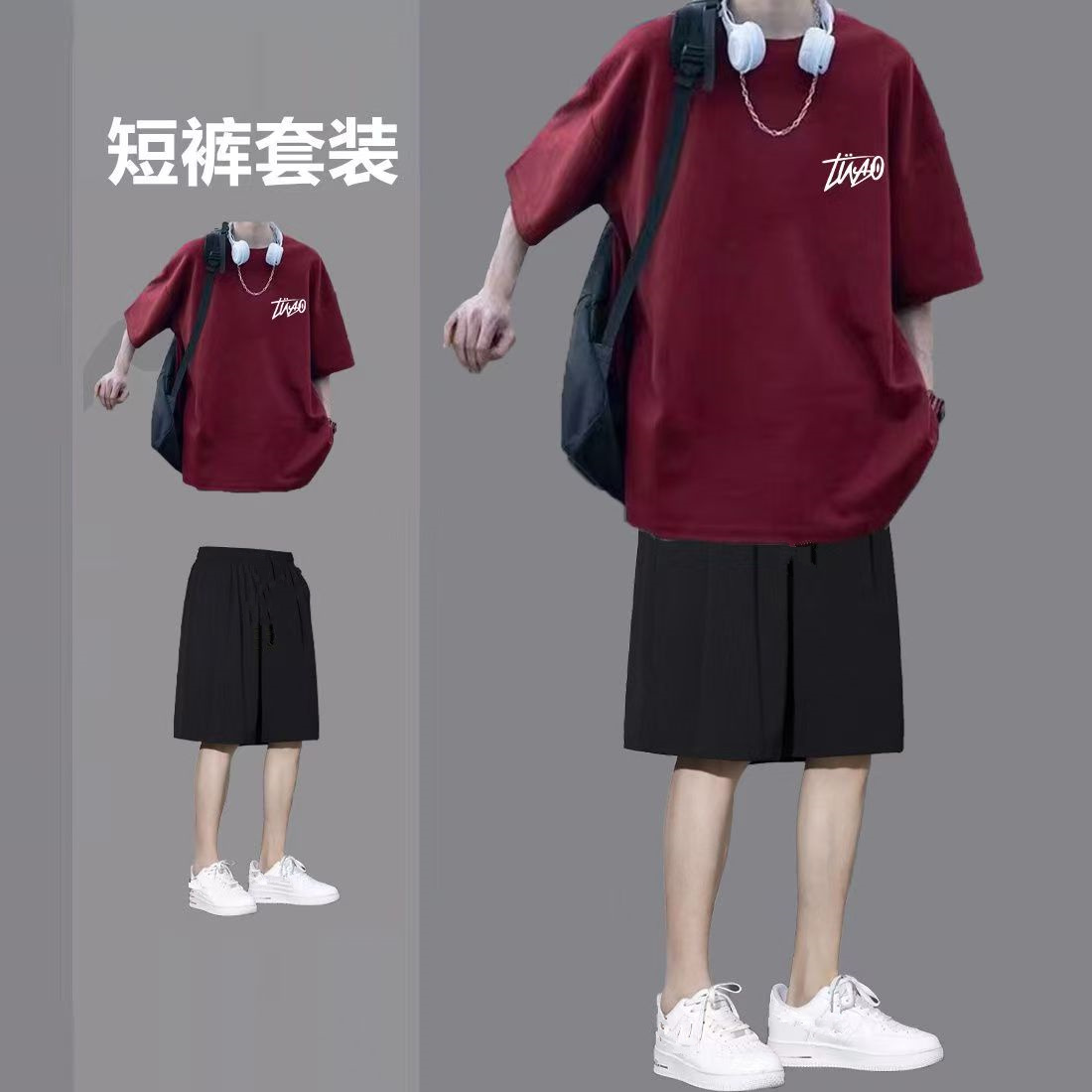 五分袖短裤套装男夏季印花新款简约圆领半袖T潮牌宽松休闲潮流12