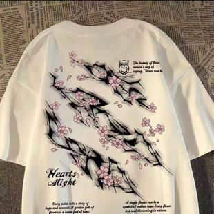 重磅美式 t恤男女宽松高街街头潮牌上衣 vintage闪电花瓣印花短袖