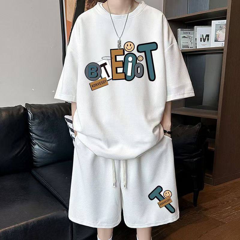 夏季薄款华夫格套装男青少年酷帅简约ins加大码短袖T恤短裤两件套,男装,休闲运动套装,淘宝优惠券,粉丝福利购,淘宝优惠卷