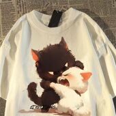 宽松潮牌高街情侣半袖 t恤男女夏季 ins上衣 复古猫咪印花短袖 美式