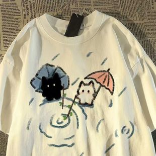 ins百搭休闲上衣潮 复古淋雨猫咪t恤短袖 夏季 情侣款 潮流宽松时尚