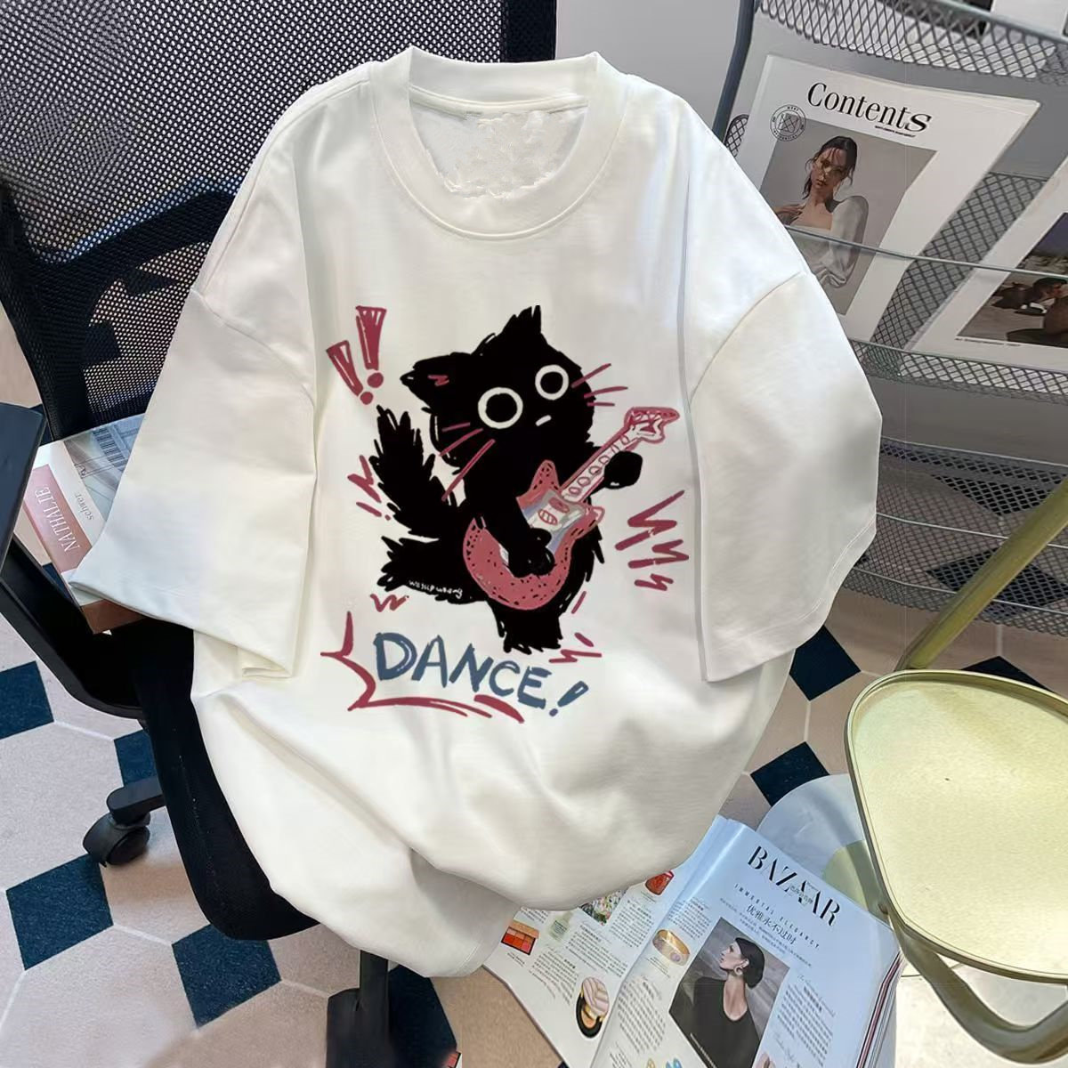 2025夏季新款复古卡通黑猫吉他印花短袖t恤宽松潮牌ins百搭上衣