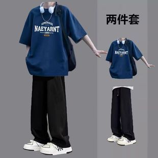 短袖t恤男夏季ins潮牌休闲套装学生运动薄款两件套痞帅穿搭一套