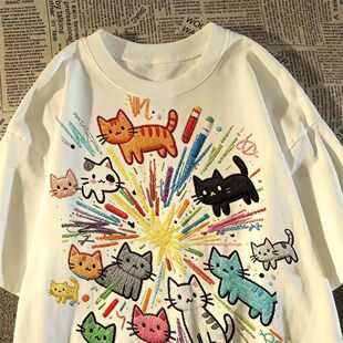 日系趣味卡通小猫印花短袖T恤男夏季潮流宽松高街小众学生上衣12