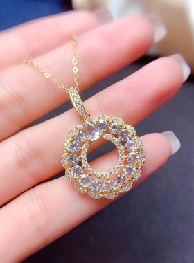 同心圆天然海蓝宝时尚日韩项链银镀黄金吊坠高净度圆3mm4*6mm