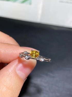 银镀白金镶嵌天然黄宝石时尚潮流小清新百搭休闲竹节配钻戒指活口