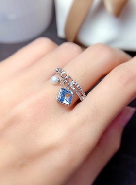 天然天空蓝托帕石银镀白金锁链珍珠时尚日韩戒指活口高净度6×6mm